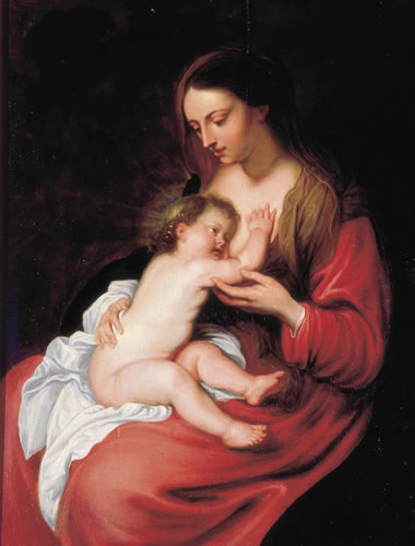 Anton Van Djck Madonna con Bambino Opera eseguita intorno al 1630: cm. 50x61, olio su tavola. Replica 
autografa dell'autore con aiuto di bottega, di eccezionale
qualit�, inferiore all'originale conservato al Metropolitan Musesum di New York e superiore all'altro conservato a Greenville 